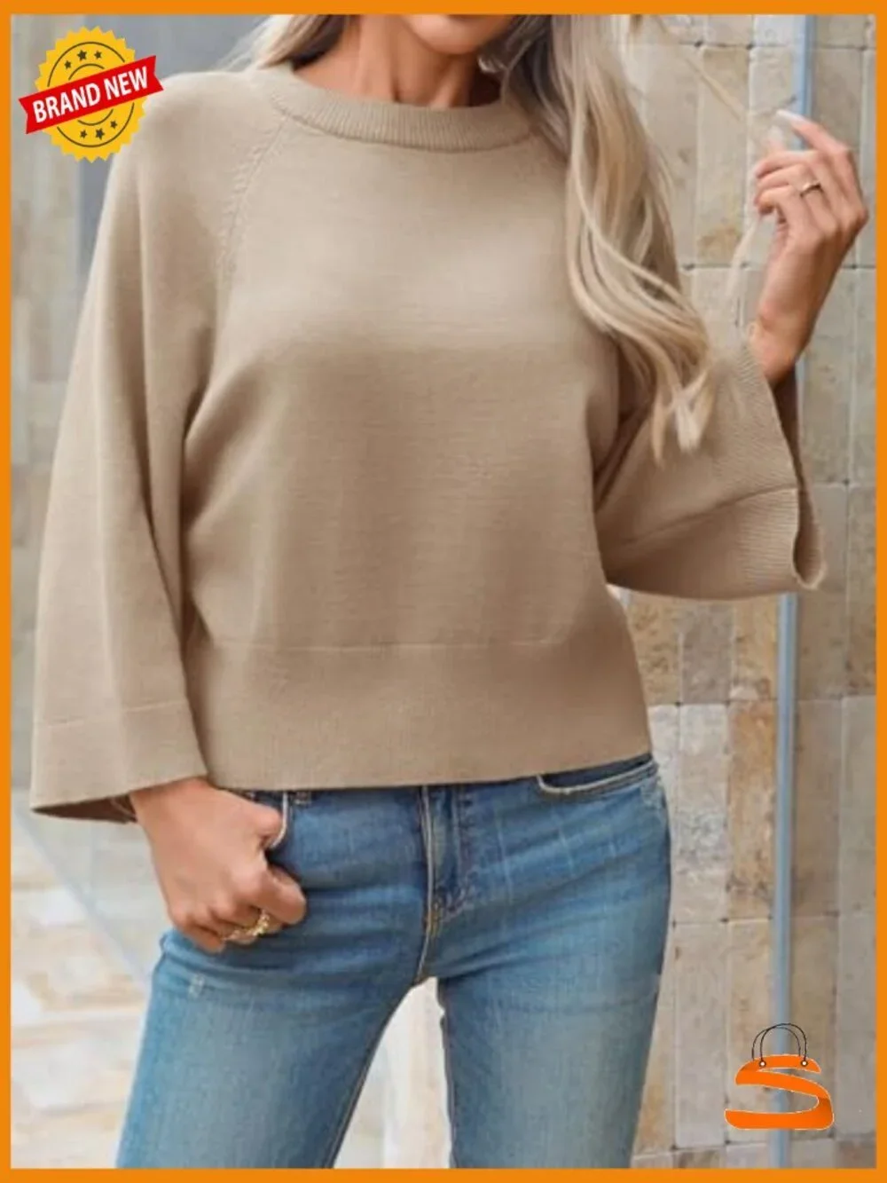 Womens Crew Neck Batwing Sweater 3/4 Sleeve Loose Fit Knit Pullover